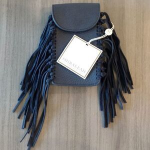 NWT SHIRALEAH Boho Navy Blue Leather Fringe on Sides Snap Purse/Clutch 4 x 7